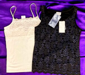 NWT Two Tank Tops 1 Willi Smith Iridescent Black Lace Overlay and 1 White Lace M